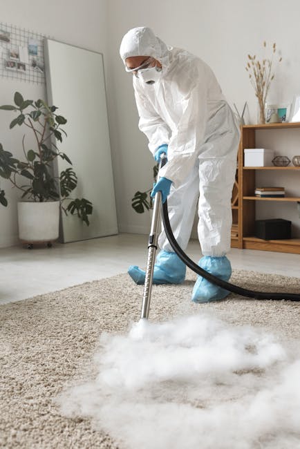A professional wearing full protective gear, including a white hazmat suit, face mask, gloves, and shoe covers, is using a steam or vapor cleaning machine to deep clean a beige carpet in a bright, modern living room. The room features white walls, a tall mirror, a wooden shelf with decorative items, and potted plants, with natural light illuminating the space. The cleaning process involves the dispersal of steam across the carpet surface, indicating thorough sanitisation and surface cleaning by Carpet Cleaners Highbury as part of their domestic cleaning services.